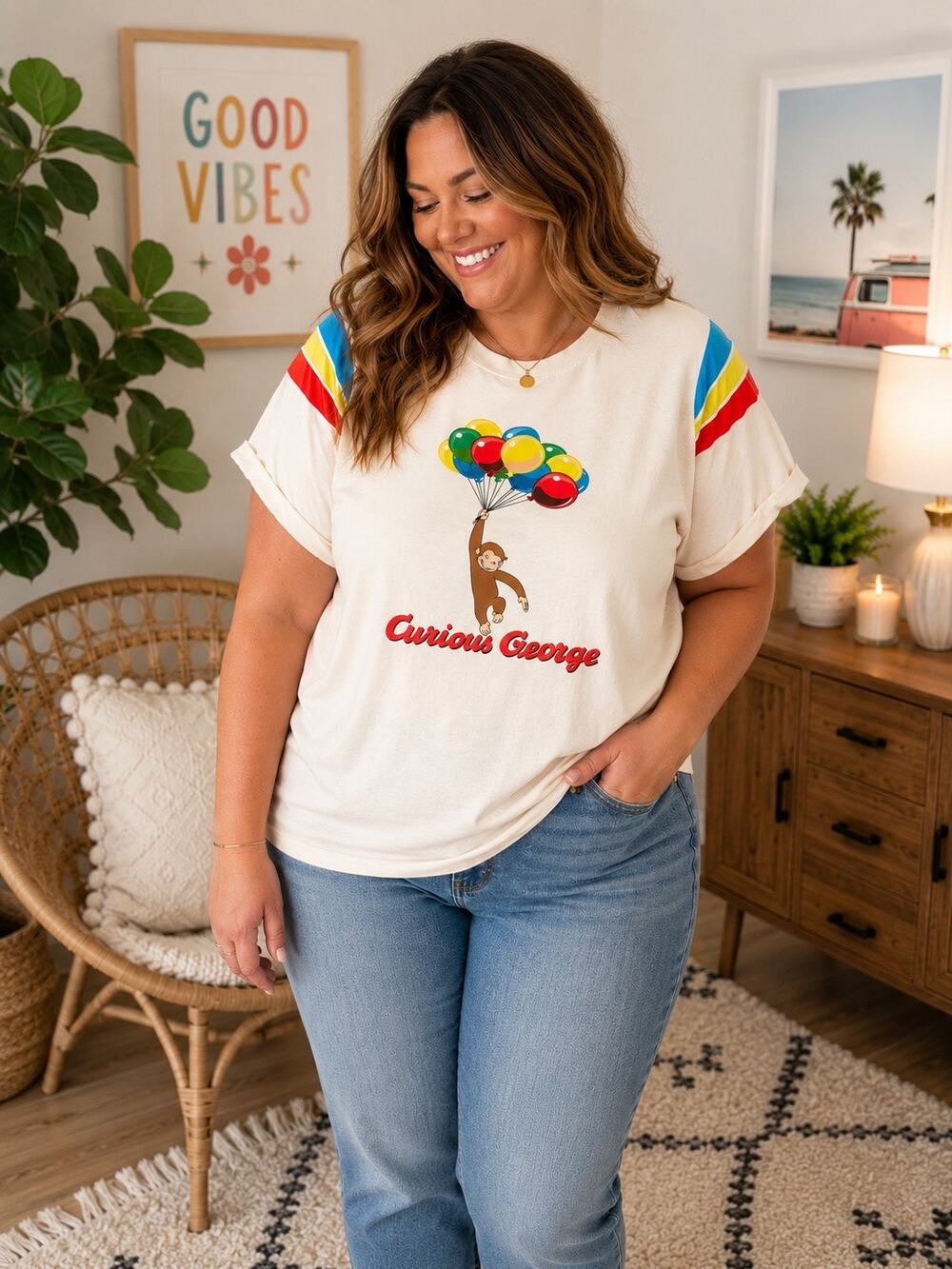 Curious George Rainbow Graphic Tee Women’s Plus Size 3X Cartoon Casual Shirt